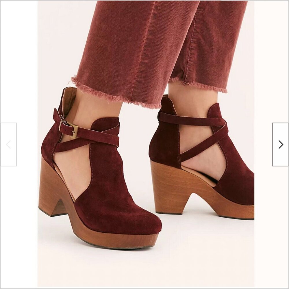 Free People Cedar Clogs Suede Leather Buckle Platform Wood 38 7.5
